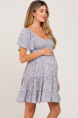 Blue Smocked Flounce Sleeve Maternity Dress