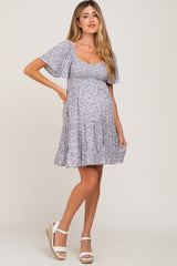 Blue Smocked Flounce Sleeve Maternity Dress