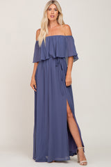 Blue Chiffon Off Shoulder Maxi Dress