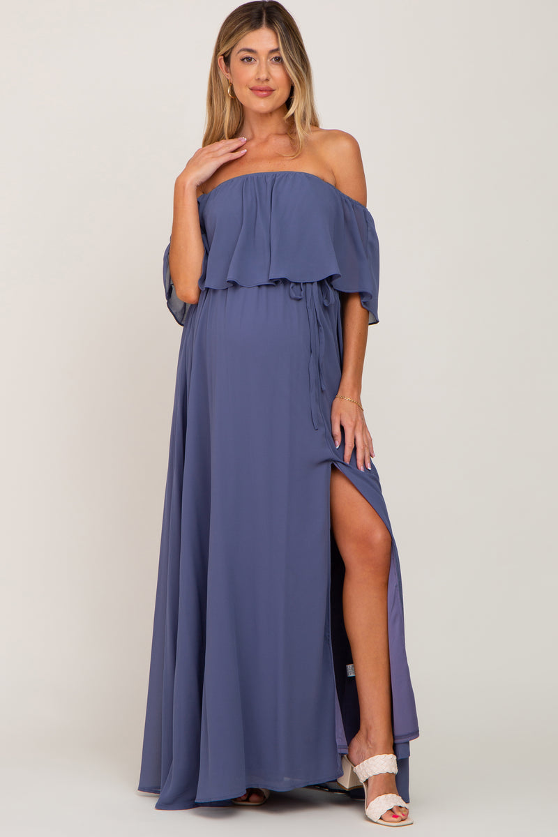 Blue Chiffon Off Shoulder Maternity Maxi Dress – PinkBlush