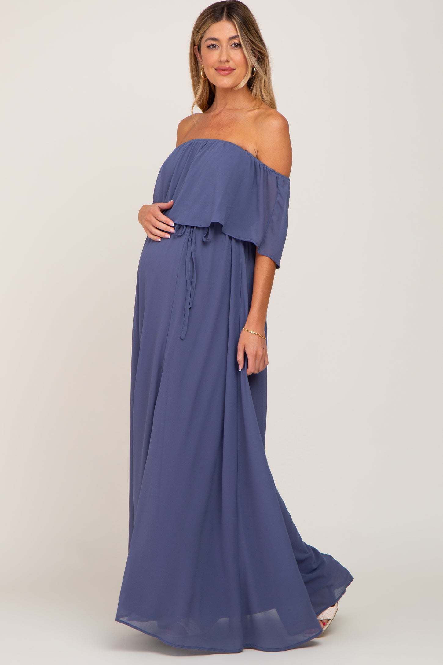 Blue Chiffon Off Shoulder Maternity Maxi Dress– PinkBlush