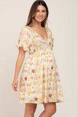 Yellow Floral Puff Sleeve Maternity Dress