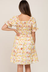 Yellow Floral Puff Sleeve Maternity Dress