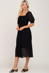 Black Swiss Dot Puff Sleeve Midi Dress