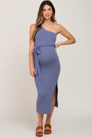 Blue Ribbed One Shoulder Side Slit Maternity Midi Dress