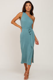 Green Ribbed One Shoulder Side Slit Midi Dress