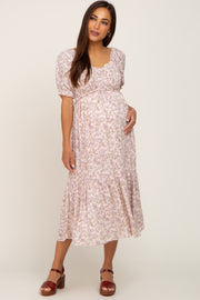 Light Pink Floral Smocked Sweetheart Neck Maternity Midi Dress