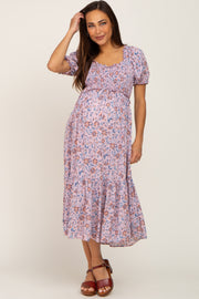 Mauve Floral Smocked Sweetheart Neck Maternity Midi Dress