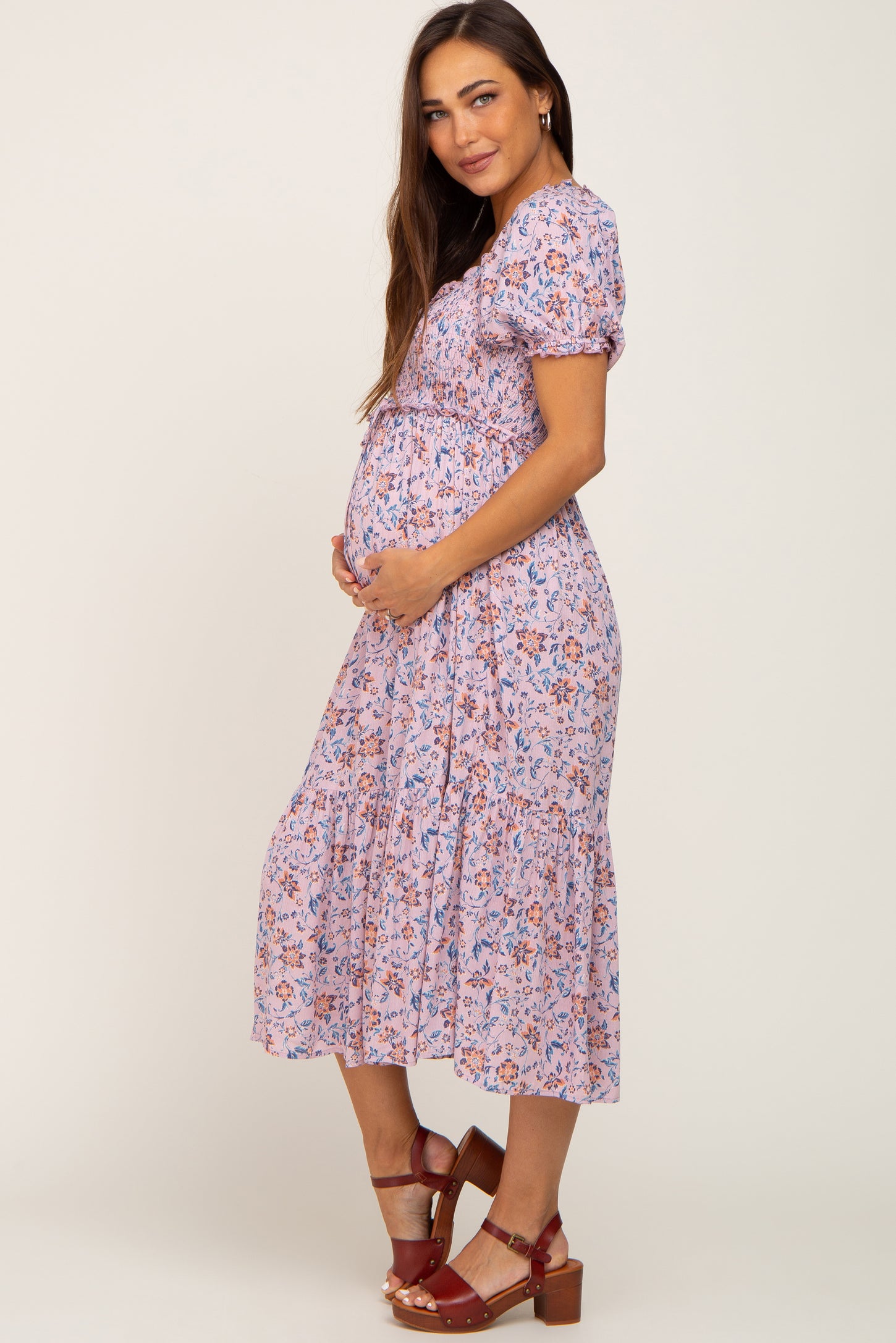 Blue Floral Cinched Sweetheart Neck Maternity Dress– PinkBlush