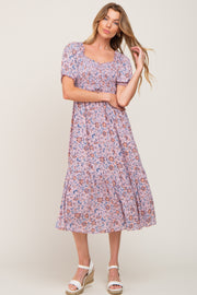 Mauve Floral Smocked Sweetheart Neck Midi Dress