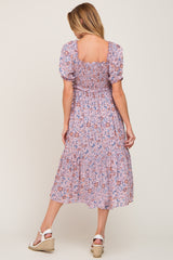 Mauve Floral Smocked Sweetheart Neck Midi Dress