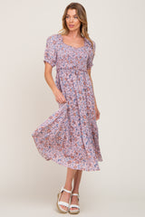 Mauve Floral Smocked Sweetheart Neck Midi Dress