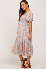 Light Blue Floral Smocked Sweetheart Neck Maternity Midi Dress