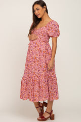 Pink Floral Smocked Maternity Midi Dress