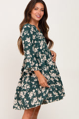 Forest Green Floral Button Bell Sleeve Maternity Dress