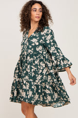 Forest Green Floral Button Bell Sleeve Dress