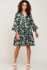 Forest Green Floral Button Bell Sleeve Dress