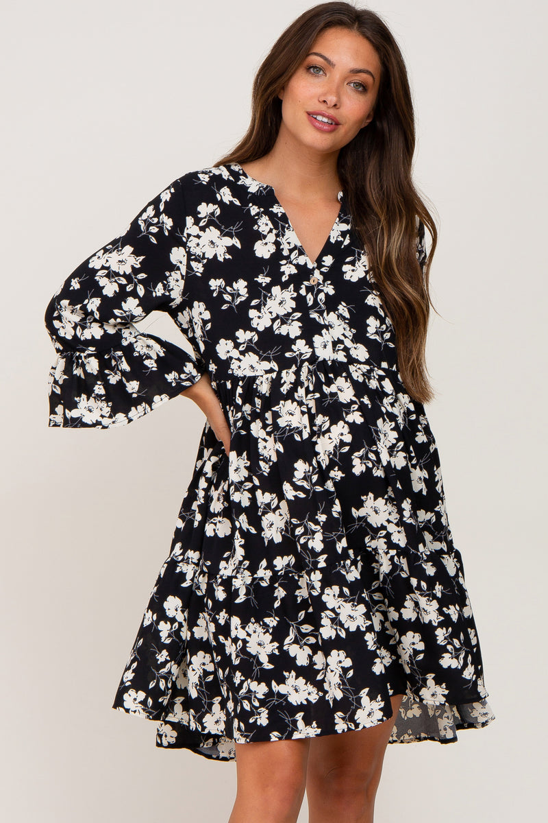 Black Floral Button Front Bell Sleeve Maternity Dress – PinkBlush