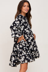 Black Floral Button Front Bell Sleeve Maternity Dress