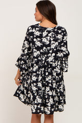 Black Floral Button Front Bell Sleeve Maternity Dress