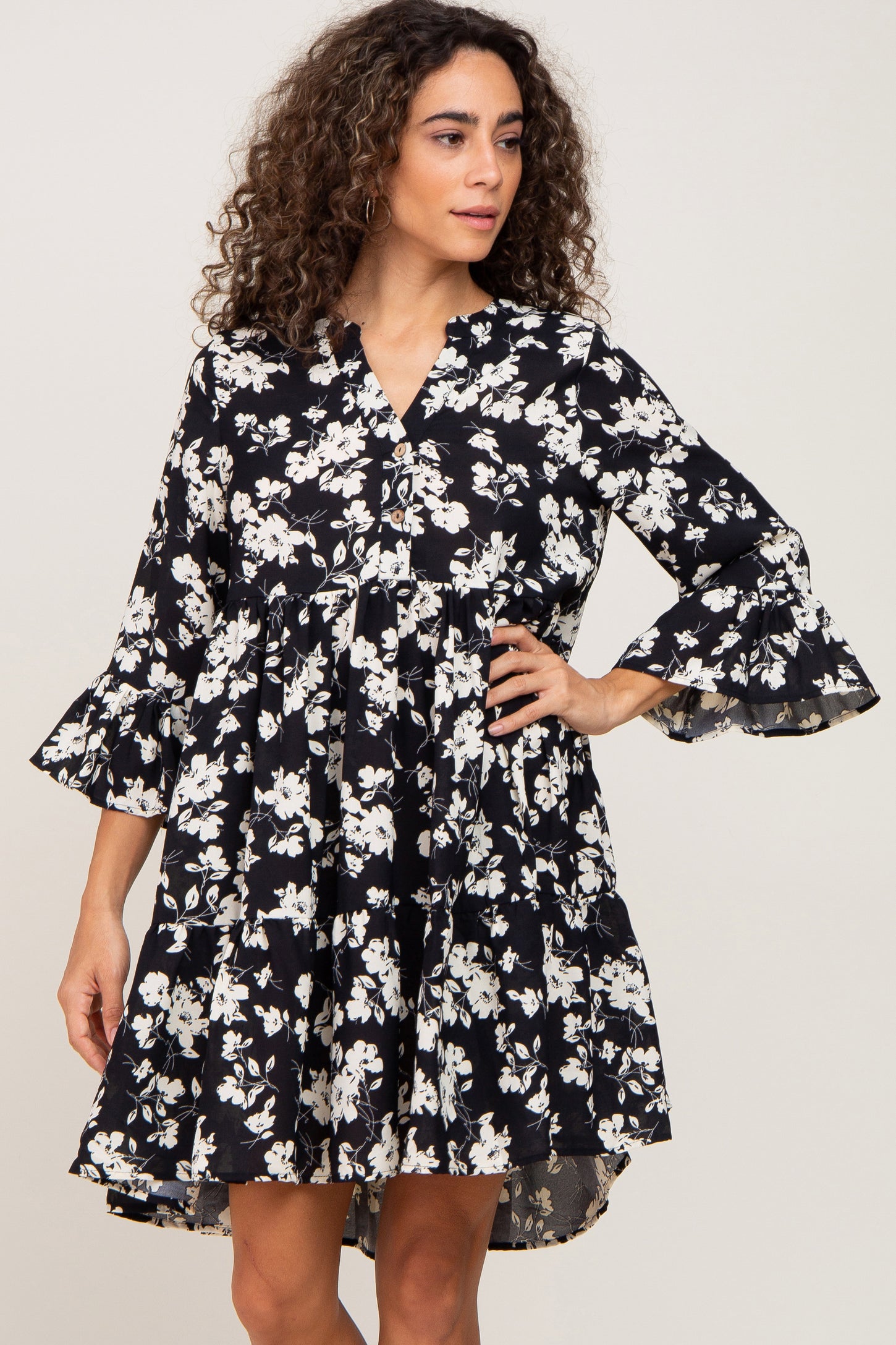 Black Floral Button Front Bell Sleeve Maternity Dress – PinkBlush