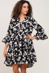 Black Floral Button Front Bell Sleeve Maternity Dress