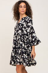 Black Floral Button Front Bell Sleeve Dress