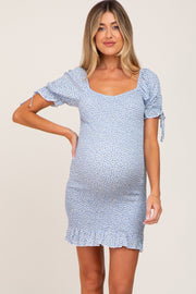 Light Blue Floral Smocked Short Puff Sleeve Maternity Mini Dress