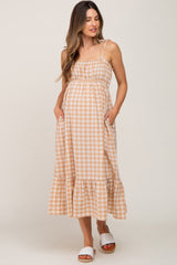 Taupe Gingham Square Neck Tie Strap Maternity Midi Dress