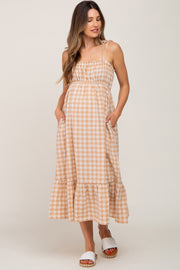 Taupe Gingham Square Neck Tie Strap Maternity Midi Dress