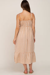 Taupe Gingham Square Neck Tie Strap Maternity Midi Dress