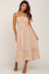 Taupe Gingham Square Neck Tie Strap Maternity Midi Dress