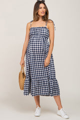 Navy Blue Gingham Square Neck Tie Strap Maternity Midi Dress