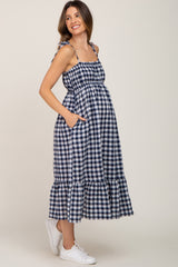 Navy Blue Gingham Square Neck Tie Strap Maternity Midi Dress