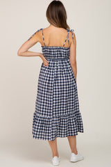 Navy Blue Gingham Square Neck Tie Strap Maternity Midi Dress