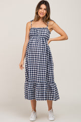 Navy Blue Gingham Square Neck Tie Strap Maternity Midi Dress