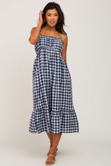 Navy Blue Gingham Square Neck Tie Strap Midi Dress