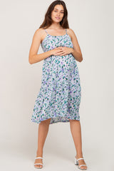 Periwinkle Floral Ruffle Hem Maternity Midi Dress