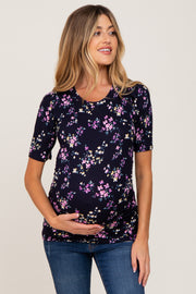 Navy Floral Ribbed Fitted Maternity Top