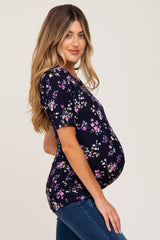 Navy Floral Ribbed Fitted Maternity Top