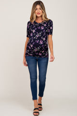 Navy Floral Ribbed Fitted Maternity Top