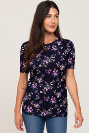 Navy Floral Ribbed Fitted Top