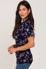 Navy Floral Ribbed Fitted Top