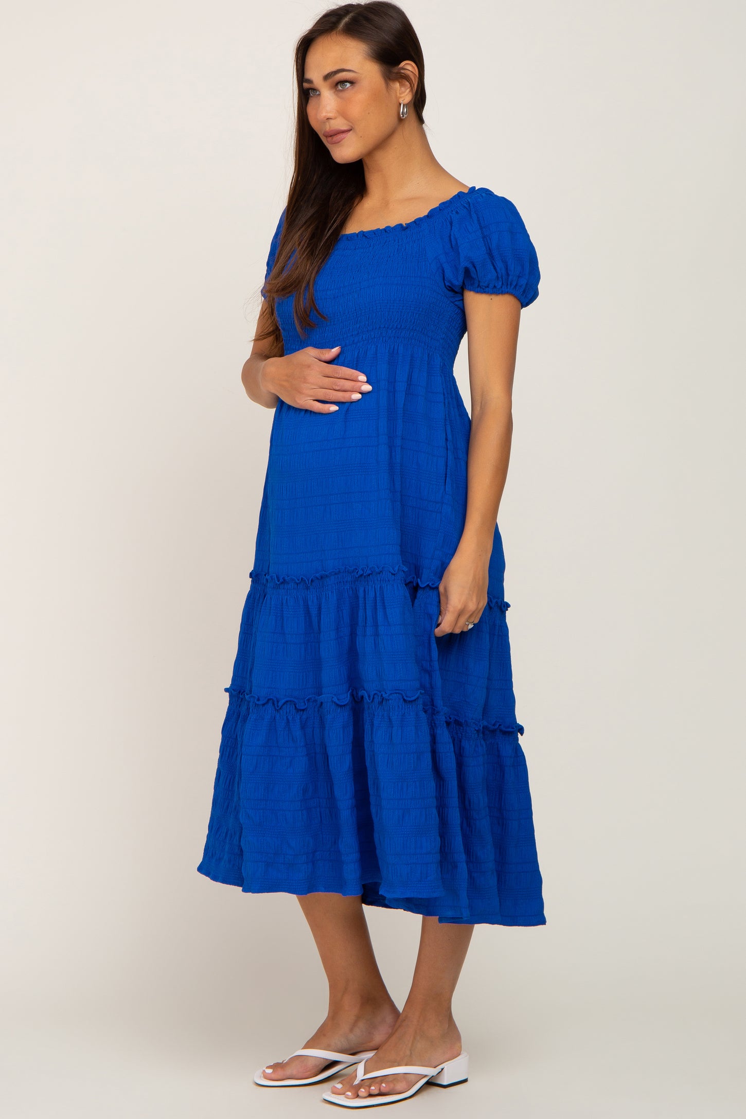 Royal Blue Smocked Textured Maternity Midi Dress– PinkBlush