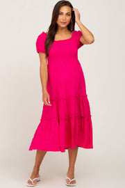 Fuchsia Smocked Textured Maternity Midi Dress