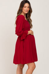 Burgundy Smocked 3/4 Sleeve Maternity Dress