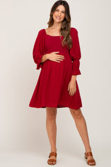 Burgundy Smocked 3/4 Sleeve Maternity Dress