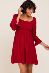 Burgundy Smocked 3/4 Sleeve Maternity Dress