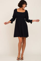 Black Smocked 3/4 Sleeve Dress