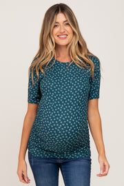 Dark Teal Floral Ribbed Fitted Maternity Top